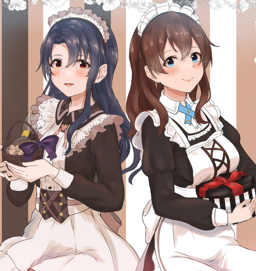 2girls, apron, basket, black_hair, blue_eyes, brown_hair, fortune_brownie_(idolmaster), frilled_apron