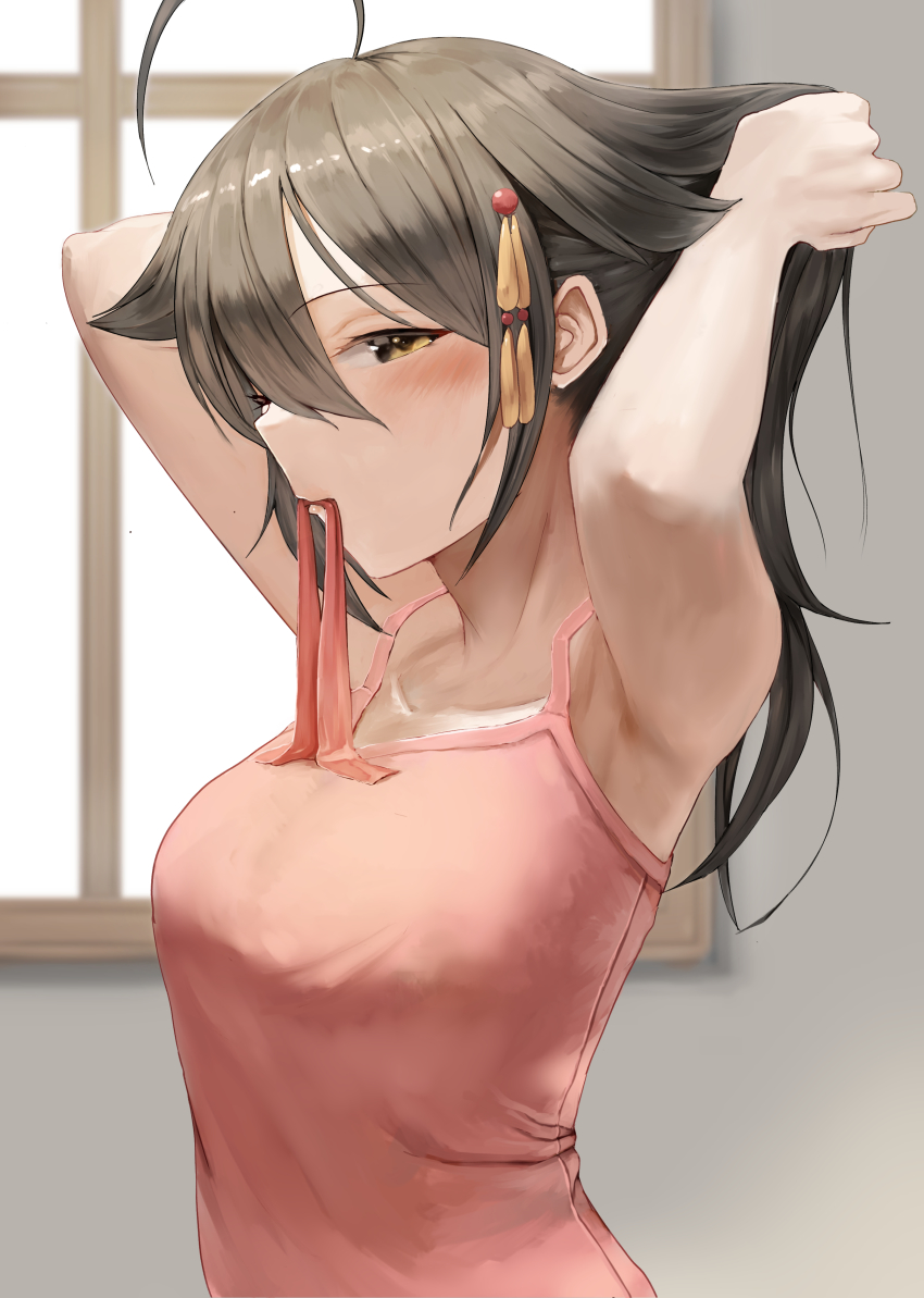 1girl, absurdres, ahoge, alternate_costume, arms_behind_head, arms_up, breasts, brown_eyes