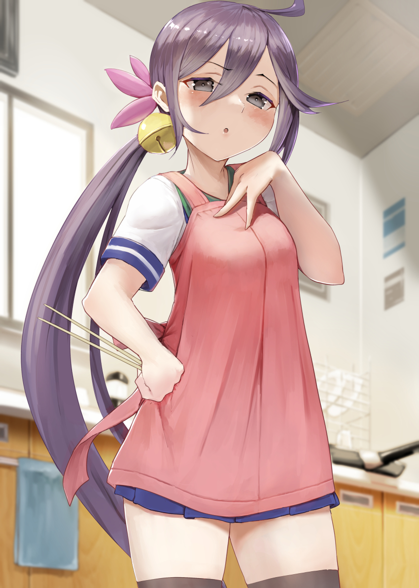 1girl, absurdres, akebono_(kancolle), akebono_kai_(kancolle), apron, bell, black_thighhighs, blurry