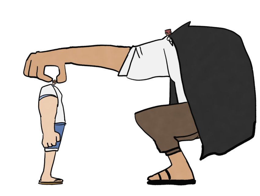 2boys, anatomical_nonsense, bad_anatomy, black_hair, black_jacket, crying, hat, highres, jacket, jacket_on_shoulders, monkey_d._luffy, multiple_boys, one_piece, pants, red_hair, sandals, sattou, shanks_(one_piece), shirt, shorts, small_head, straw_hat, tan, two-tone_shirt, white_shirt