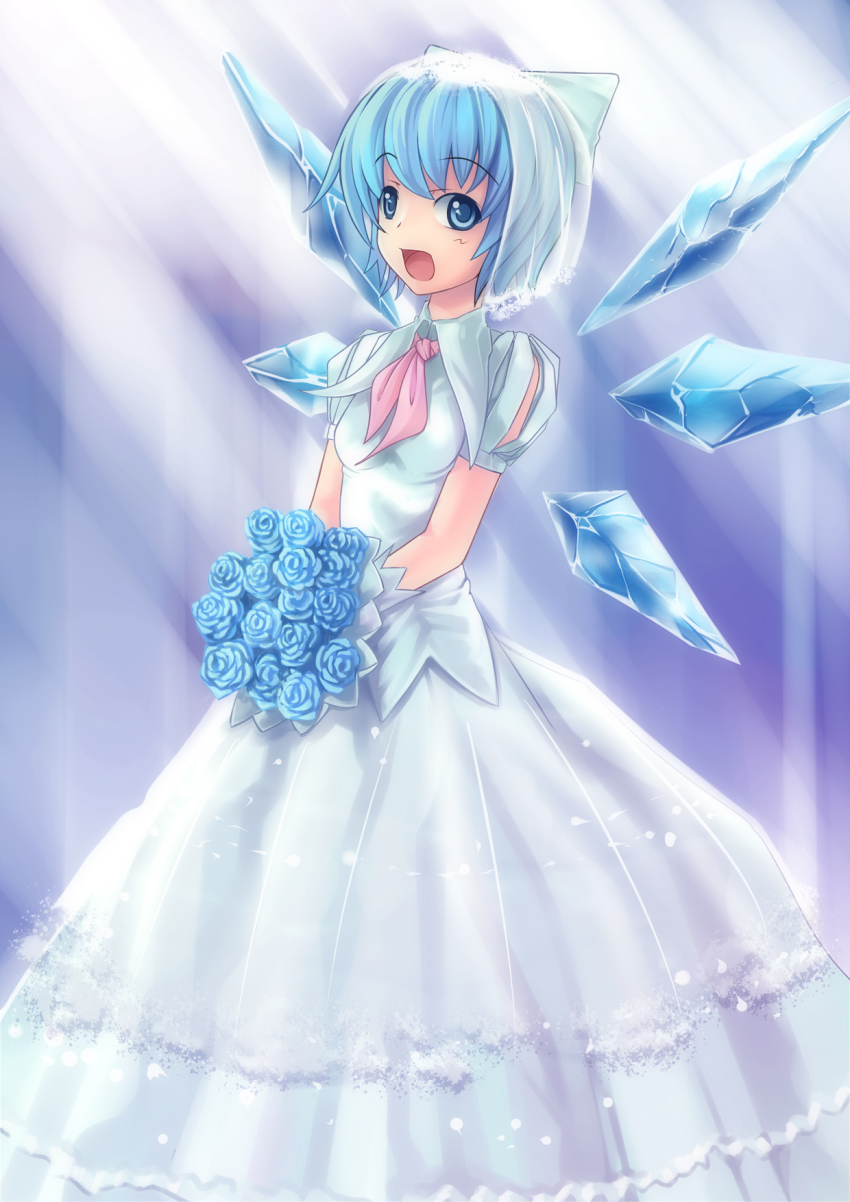 1girl, blue_eyes, blue_hair, bouquet, bow, bridal_veil, cirno, dress