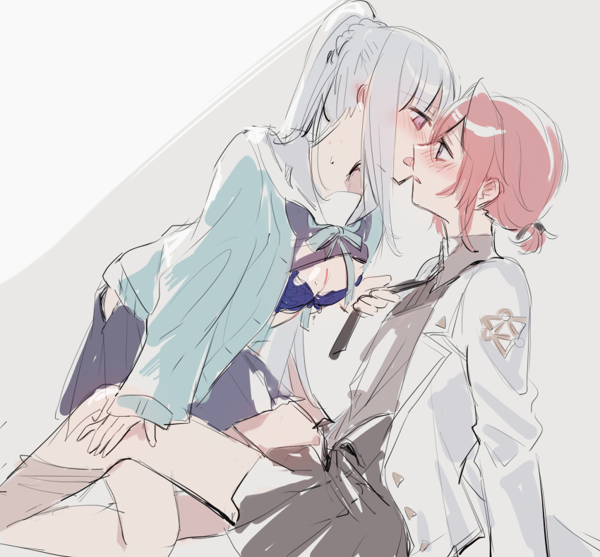 2girls, ange_katrina, ange_katrina_(lab_coat), black_skirt, blue_bra, blue_eyes, bra, breasts