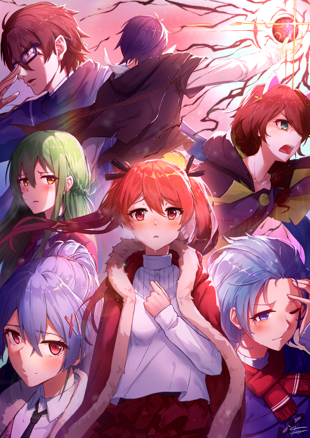 2boys, 5girls, back, black_necktie, blue_coat, blue_eyes, blue_hair, brown_jacket