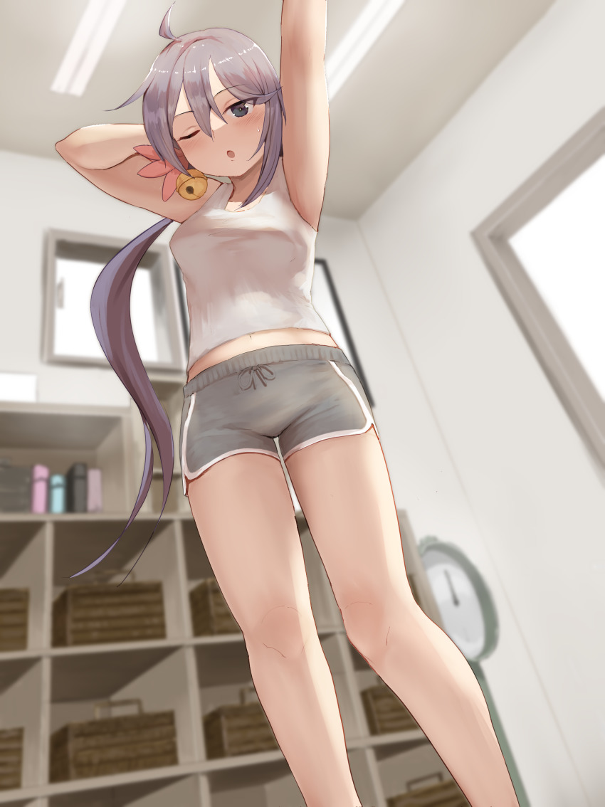 1girl, absurdres, ahoge, akebono_(kancolle), alternate_costume, basket, bell, black_eyes