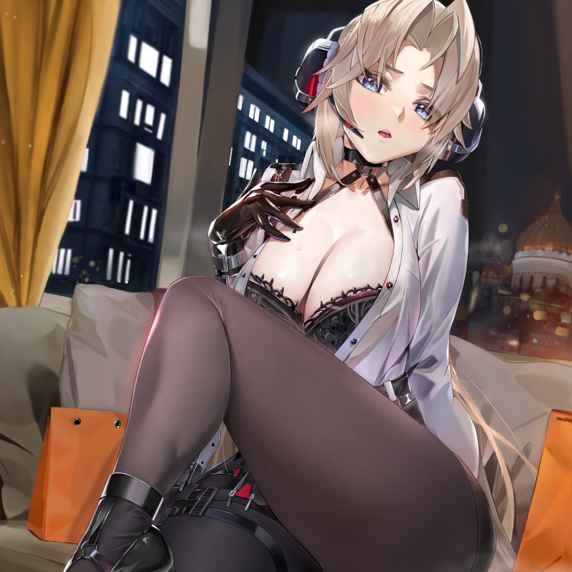 1girl, azur_lane, black_bra, black_gloves, black_pantyhose, blonde_hair, blouse, blue_eyes