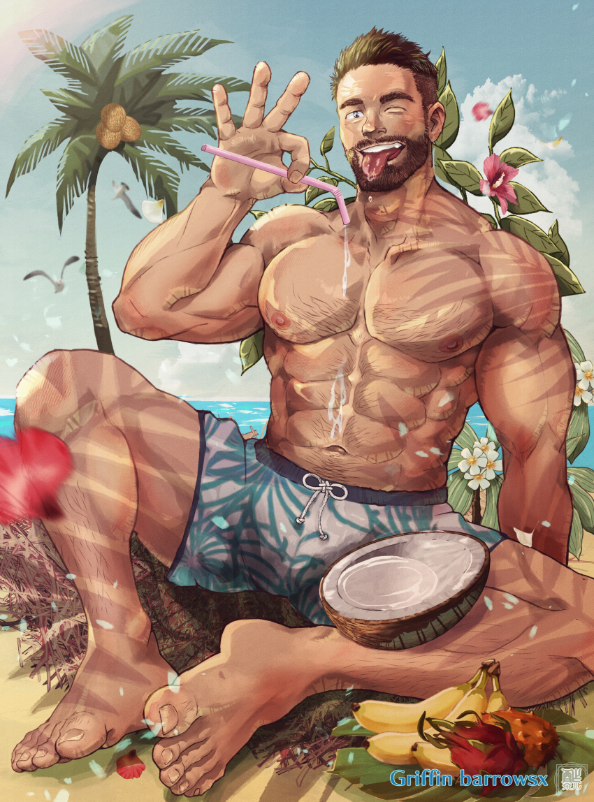 1boy, ;p, abs, absurdres, banana, bara, barefoot, beach
