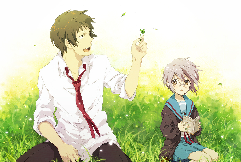 10s, blouse, brown_hair, cardigan, clover, glasses, grass, grey_hair