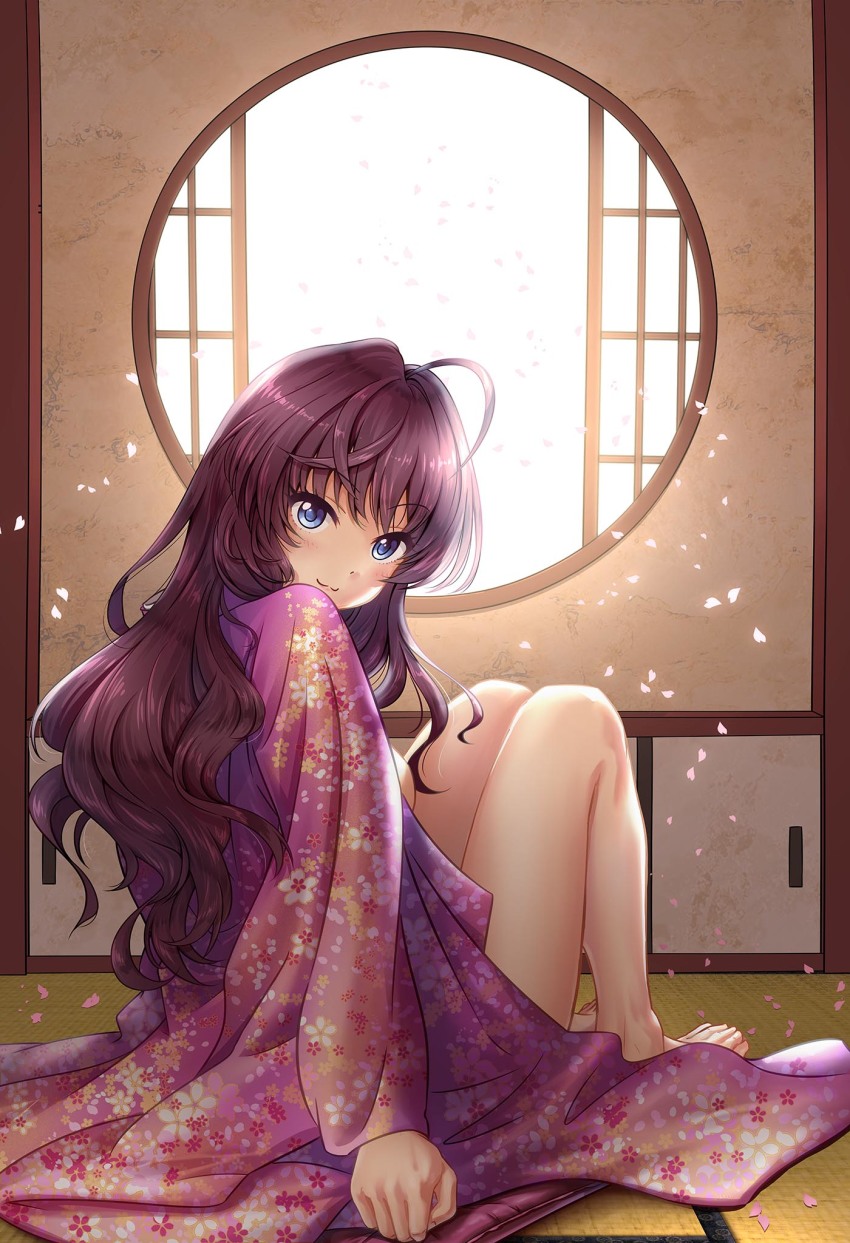 1girl, 920-k, :3, ahoge, bare_legs, barefoot, blue_eyes, blush