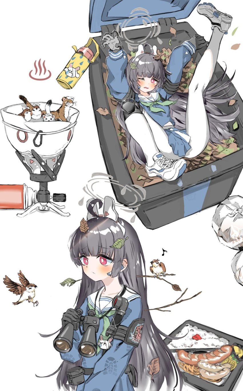 1girl, ahoge, animal_ear_headwear, animal_ears, backpacking_stove, belt, belt_pouch, binoculars