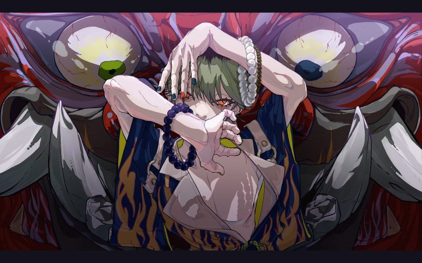 17_s_kyk, 1boy, @_@, bead_bracelet, beads, black_hair, blue_nails, bracelet, commentary_request, green_hair, highres, jewelry, letterboxed, looking_at_viewer, mole, multicolored_hair, nail_polish, original, short_hair, solo, tagme, upper_body, wide_sleeves