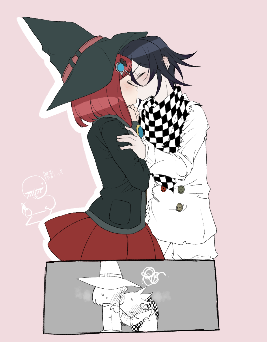 1boy, 1girl, black_hair, black_headwear, black_jacket, blush, buttons, checkered_clothes, checkered_scarf, closed_eyes, danganronpa_(series), danganronpa_v3:_killing_harmony, double-breasted, facing_another, grey_background, hair_ornament, hat, hetero, jacket, jingle_(mhb729), kiss, medium_hair, oma_kokichi, pleated_skirt, red_hair, red_skirt, scarf, short_hair, simple_background, skirt, squiggle, sweat, white_jacket, witch_hat, yumeno_himiko
