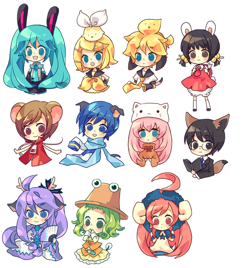 4boys, 6+girls, ahoge, animal_ears, antlers, aqua_eyes, aqua_hair, black_eyes, black_hair, blonde_hair, blue_eyes, blue_hair, book, brown_eyes, chibi, deer_ears, dog_ears, dog_tail, fox_ears, fox_tail, glasses, green_eyes, green_hair, gumi, hair_bobbles, hair_ornament, hairclip, hand_fan, hat, hatsune_miku, hiyama_kiyoteru, horns, kaai_yuki, kagamine_len, kagamine_rin, kaito_(vocaloid), kamui_gakupo, long_hair, megurine_luka, megurine_luka_(toeto), meiko_(vocaloid), moriya_suwako, mouse_ears, mouse_tail, multiple_boys, multiple_girls, pyonta, rabbit_ears, rabbit_tail, red_eyes, red_hair, sf-a2_miki, sheep_horns, short_hair, simple_background, smile, soratobazu_(vocaloid), tadpole_tail, tail, toeto_(vocaloid), touhou, twintails, vocaloid, yukinell