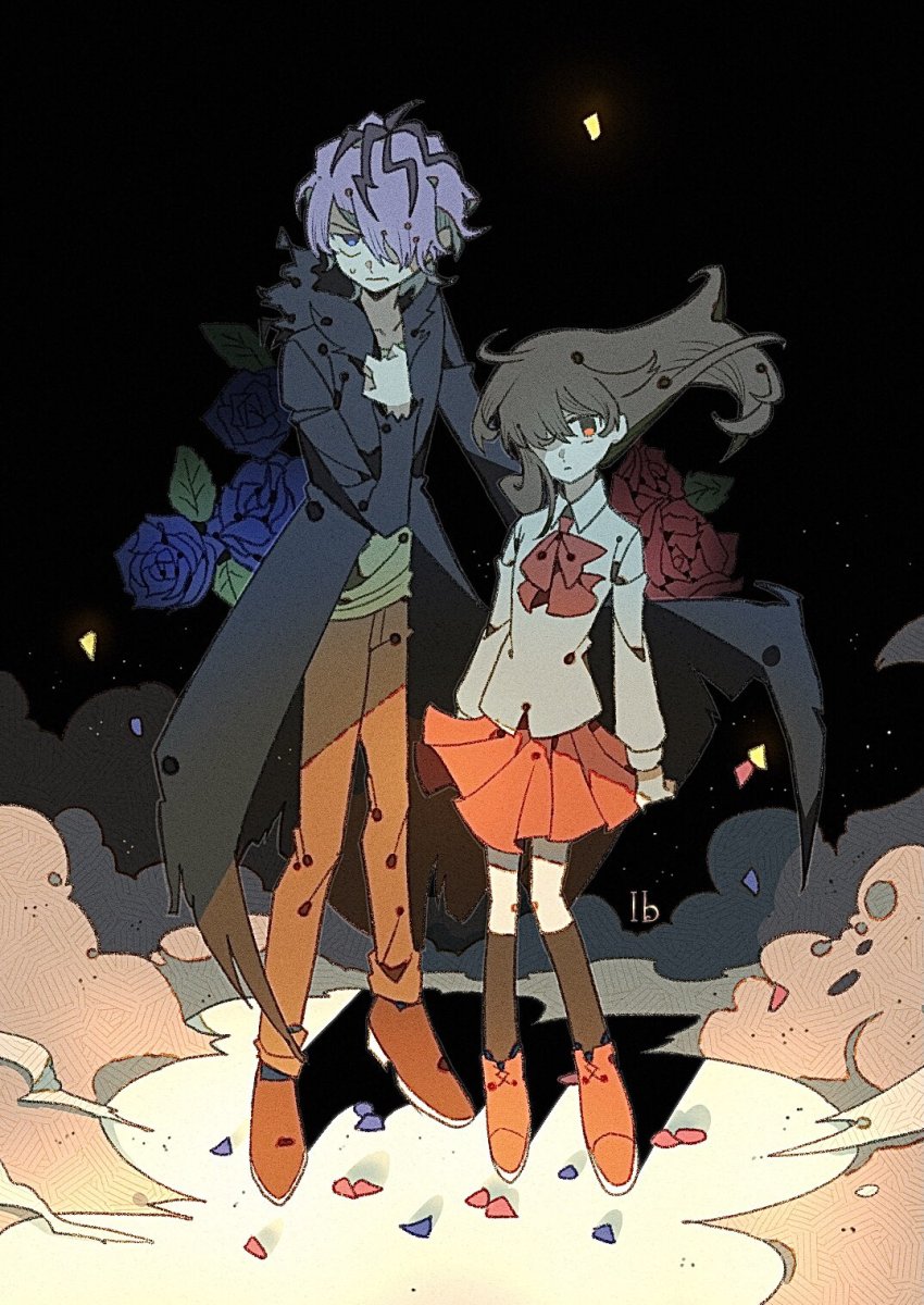 1boy, 1girl, black_coat, blue_eyes, blue_flower, blue_rose, brown_hair, closed_mouth