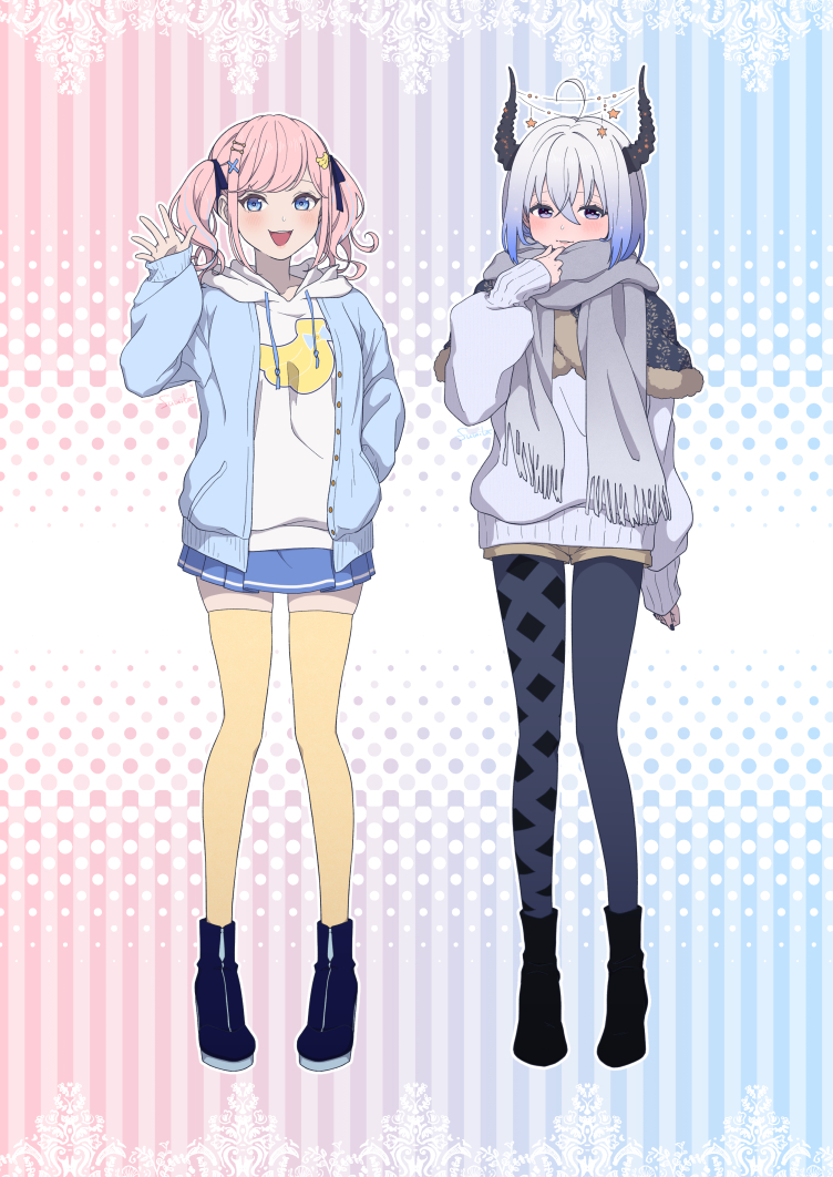 2girls, asymmetrical_legwear, black_horns, blue_cardigan, blue_eyes, blue_skirt, blush, boots, cardigan, commentary, full_body, fumita_bntr, grey_scarf, hair_ornament, hairclip, hood, hoodie, horns, indie_virtual_youtuber, medium_hair, misato_ran, multiple_girls, open_cardigan, open_clothes, open_mouth, pantyhose, pink_hair, purple_eyes, scarf, skirt, smile, sweater, untranslatable_commentary, twintails, unohana_shiune, virtual_youtuber, white_hair, white_hoodie