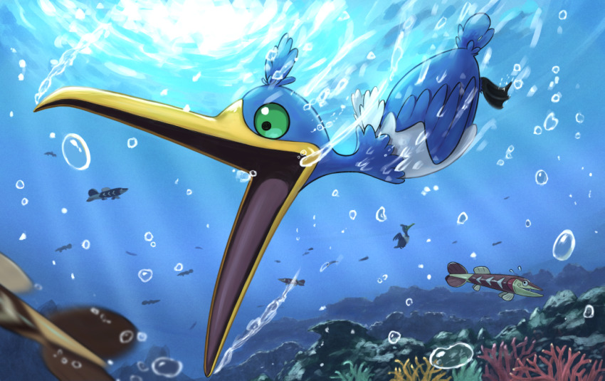 air_bubble, arrokuda, asama_fumi, bird, blurry, bubble, commentary_request, cramorant