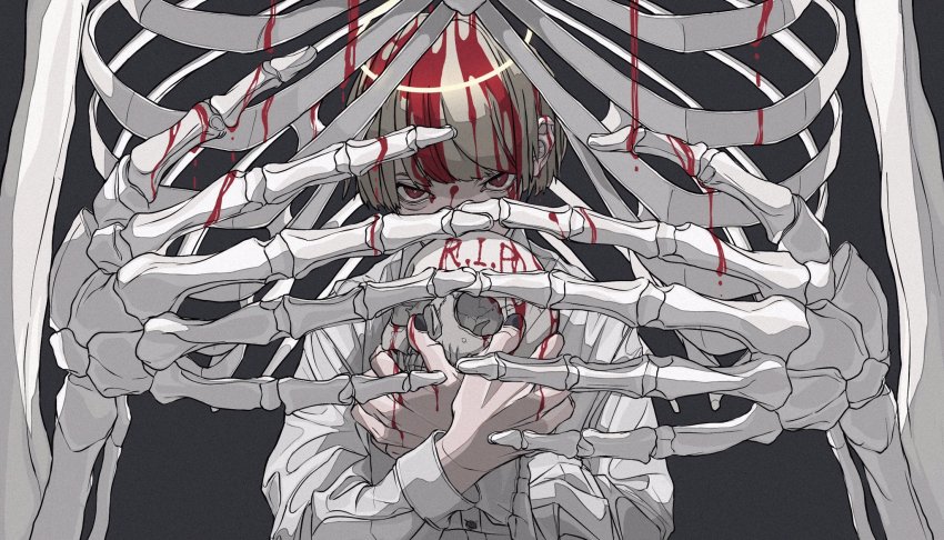17_s_kyk, 1boy, black_nails, blonde_hair, blood, blood_on_face, blood_on_hands, bone