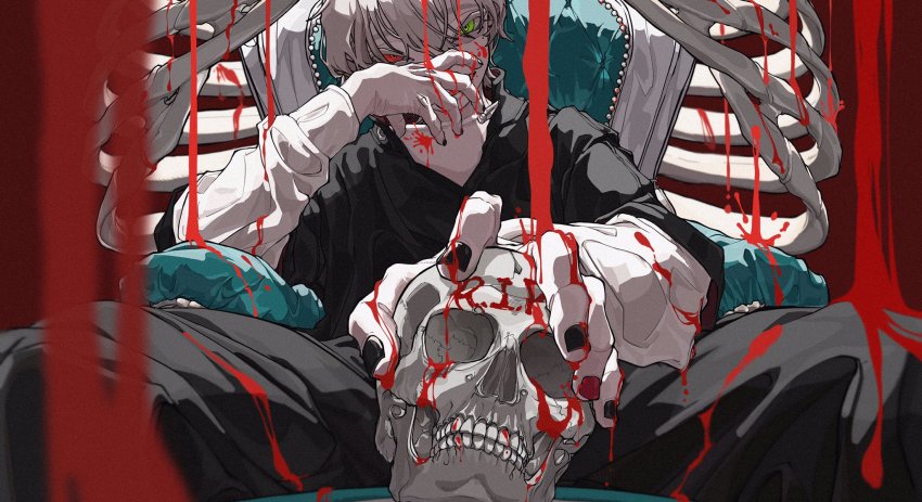 17_s_kyk, 1boy, black_nails, blood, blood_on_face, blood_on_hands, bone, chair
