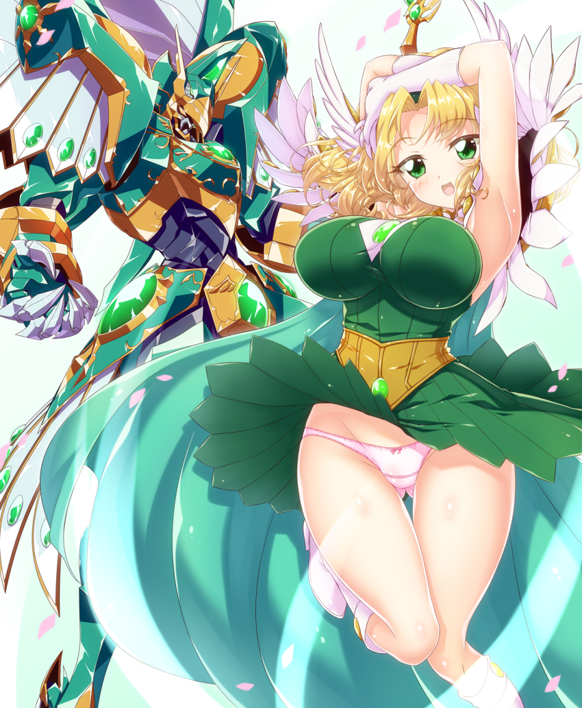1girl, airborne, armpits, blonde_hair, boots, breasts, dress, fantasy, gloves, glowing, glowing_eye, gluteal_fold, green_dress, green_eyes, head_tilt, highres, holding, holding_sword, holding_weapon, hououji_fuu, large_breasts, long_sword, looking_at_viewer, magic_knight_rayearth, mashin, mecha, mechanical_wings, oobari_masami_(style), orange_eyes, panties, parted_bangs, pink_panties, robot, short_hair, smile, sword, underwear, weapon, white_background, white_footwear, white_gloves, windam_(rayearth), wings, yakisoba_(kaz2113)