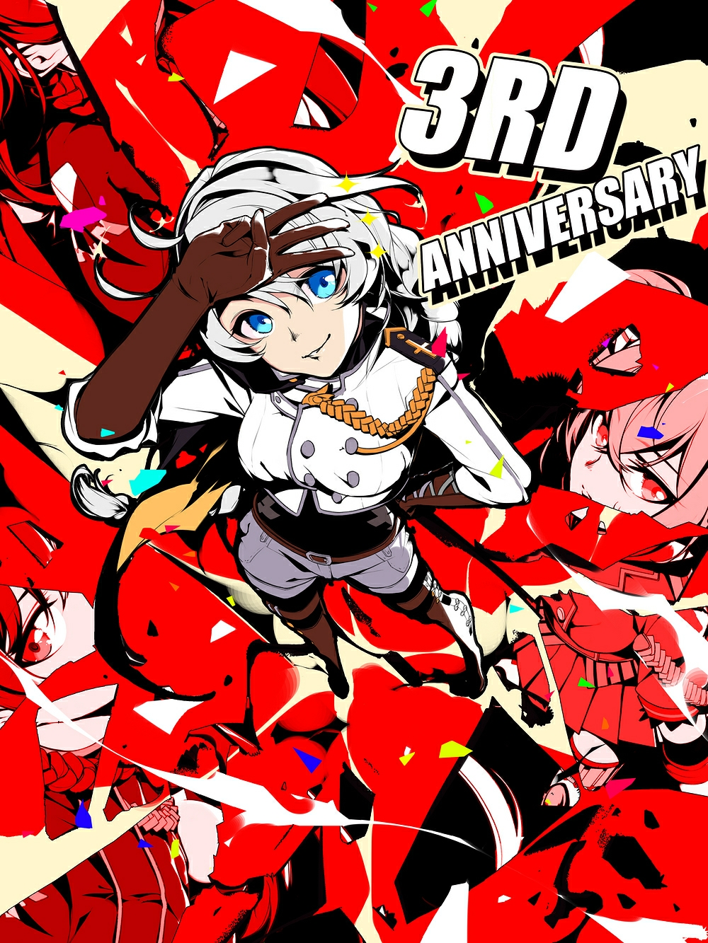 4girls, anniversary, artist_request, belt, blue_eyes, boots, braid, bronya_zaychik