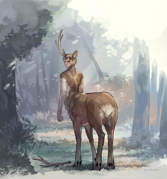 1boy, animal_ears, antlers, blood, broken_antler, deer_boy, deer_ears, forest