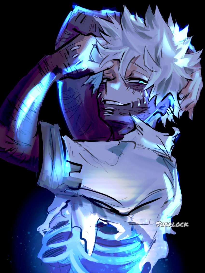 1boy, artist_name, black_background, boku_no_hero_academia, bone, burn_scar, cheek_piercing, dabi_(boku_no_hero_academia)