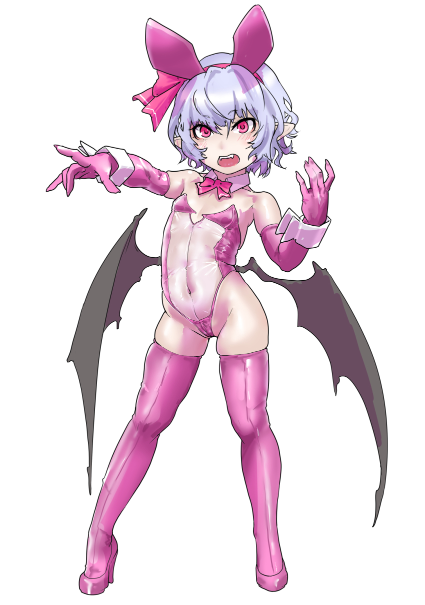 1girl, animal_ears, bat_wings, blue_hair, boots, bow, bowtie, detached_collar, elbow_gloves, fake_animal_ears, fake_tail, fangs, fingernails, gloves, hair_ribbon, hairband, high_heels, highres, leotard, mersoleil03, pink_boots, pink_eyes, pink_hairband, pink_leotard, pink_ribbon, pink_thighhighs, playboy_bunny, pointy_ears, rabbit_ears, rabbit_tail, remilia_scarlet, ribbon, sharp_fingernails, short_hair, simple_background, solo, strapless, strapless_leotard, tail, thighhighs, touhou, translucent_bunnysuit, transparent_leotard, white_background, wings, wrist_cuffs