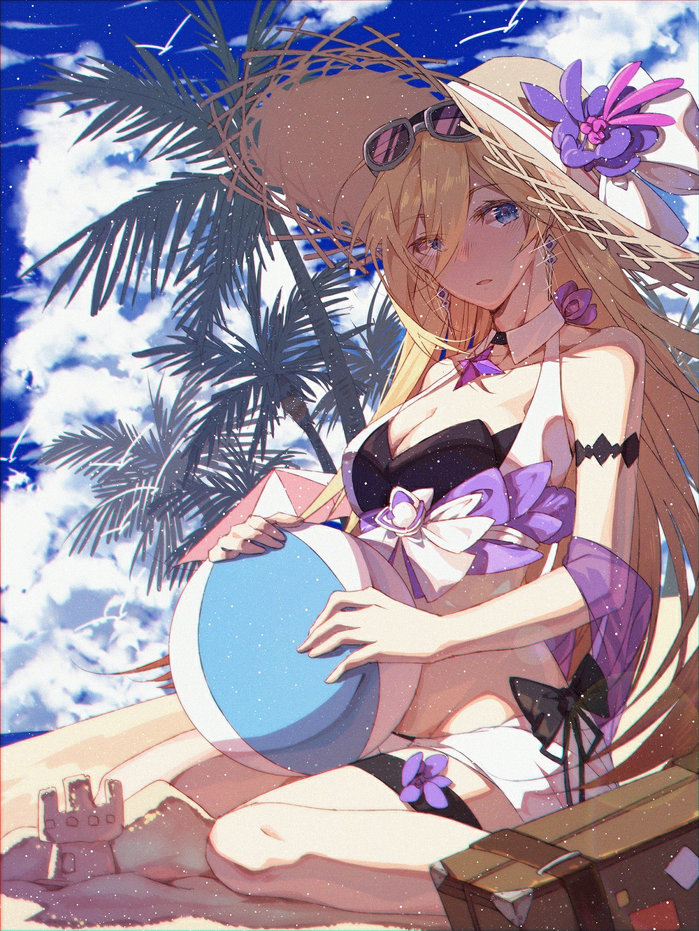 1girl, ball, beach, beachball, durandal_(honkai_impact), bikini, black_bikini, blonde_hair