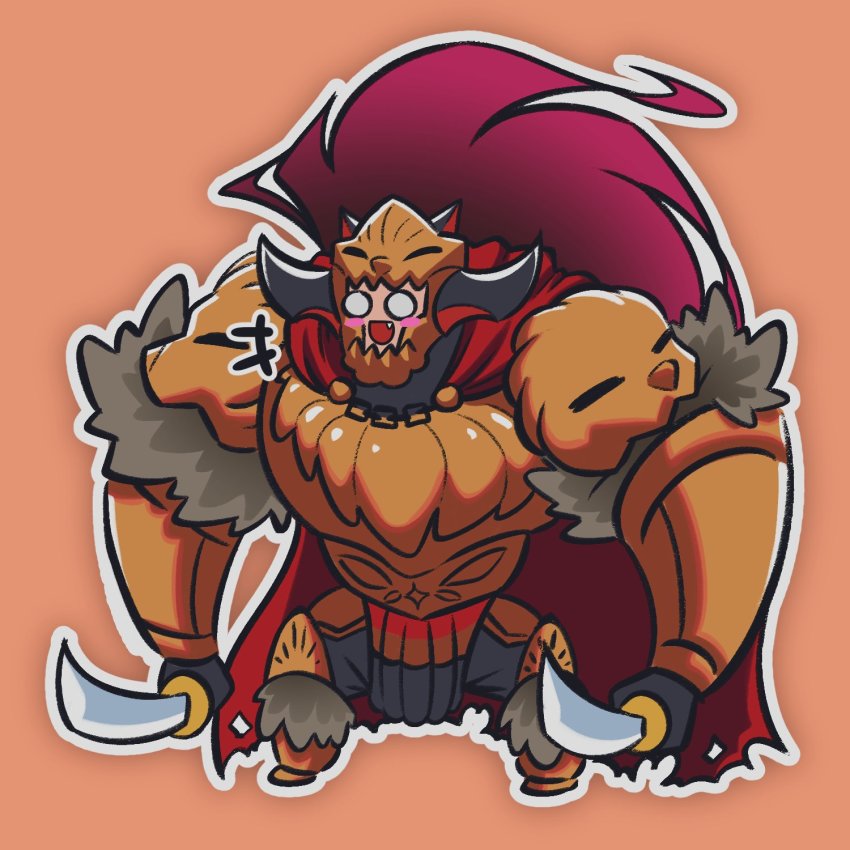 1girl, :d, armor, big_hair, blank_eyes, blush_stickers, breastplate, cape, cosplay, dual_wielding, elden_ring, fake_horns, fang, full_armor, full_body, helmet, highres, holding, holding_sword, holding_weapon, hololive, hololive_english, horned_helmet, horns, irys_(hololive), loen, long_hair, open_mouth, orange_background, outline, pauldrons, ponytail, red_cape, red_hair, shoulder_armor, smile, solo, starscourge_radahn, starscourge_radahn_(cosplay), sword, virtual_youtuber, weapon, white_outline