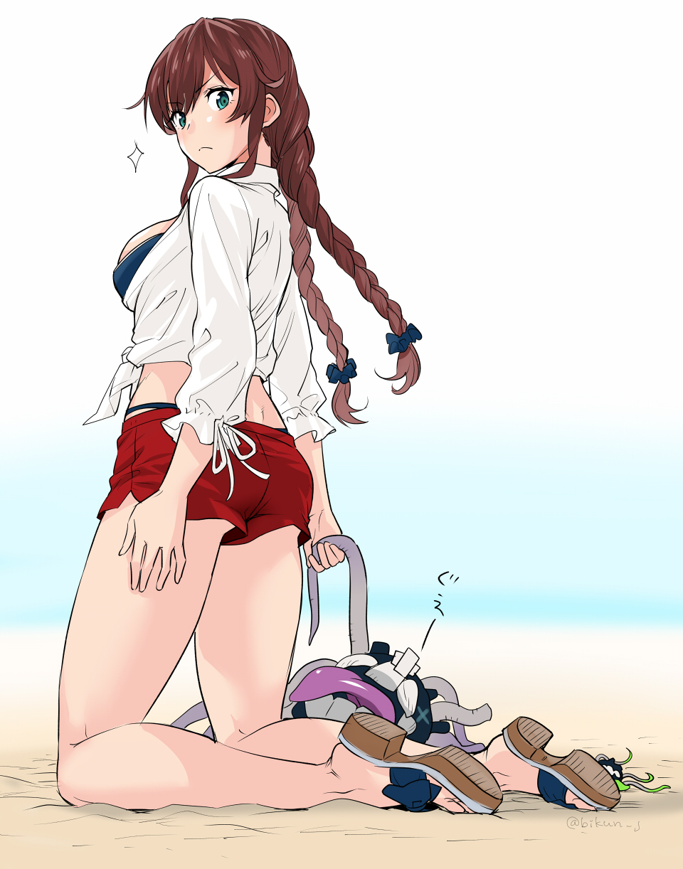 abyssal_ship, bikini, bikini_under_clothes, braid, breasts, brown_hair, enemy_naval_mine_(kancolle), fugu_custom