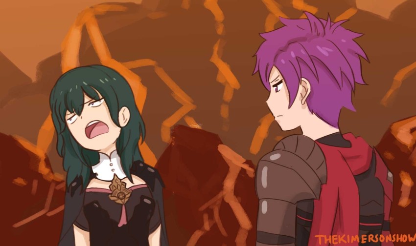 1boy, 1girl, armor, blue_eyes, blue_hair, breasts, charlotte_(anime), cleavage, closed_mouth, female_byleth_(fire_emblem), fire_emblem, fire_emblem:_three_houses, fire_emblem_warriors, fire_emblem_warriors:_three_hopes, hair_ornament, hair_over_one_eye, highres, kimerson, long_hair, long_sleeves, male_shez_(fire_emblem), medium_hair, meme, nintendo, open_mouth, purple_eyes, purple_hair, short_hair, simple_background, small_breasts