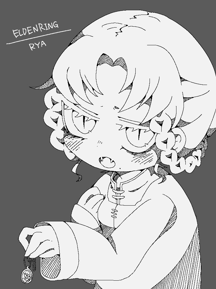 1girl, blush, braid, braided_hair_rings, character_name, dress, elden_ring, fangs, grey_background, greyscale, hair_rings, holding, holding_jewelry, holding_necklace, jewelry, long_sleeves, looking_at_viewer, mole, mole_under_mouth, monochrome, moth_(mothko_mule), necklace, open_mouth, rya_(elden_ring), short_hair, simple_background, slit_pupils, solo