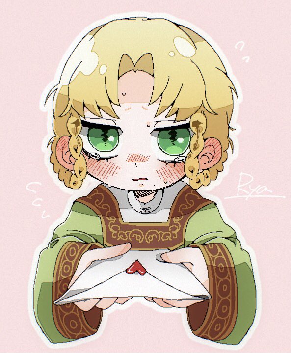 1girl, blonde_hair, blush, braid, braided_hair_rings, dress, ear_blush, elden_ring, embarrassed, flying_sweatdrops, green_dress, hair_rings, holding, holding_letter, incoming_letter, letter, long_sleeves, looking_at_viewer, moth_(mothko_mule), parted_lips, rya_(elden_ring), short_hair, slit_pupils, solo, tearing_up, tears