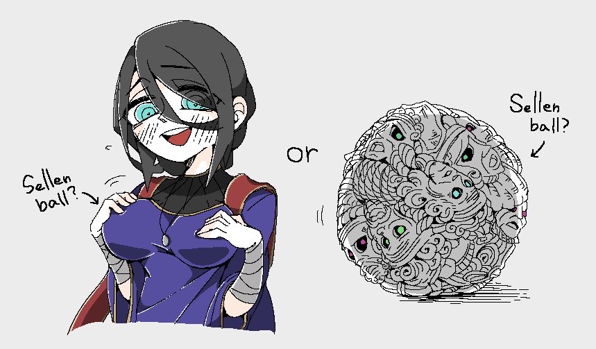 1girl, :d, before_and_after, black_hair, blue_eyes, dress, elden_ring, green_eyes, grey_background, hair_between_eyes, hands_up, jewelry, looking_at_viewer, moth_(mothko_mule), necklace, open_mouth, purple_dress, school_of_graven_mages, simple_background, smile, sorceress_sellen, spoilers