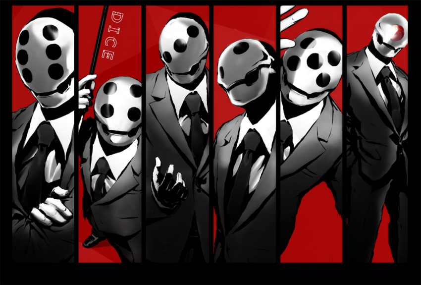 6+boys, black_border, black_jacket, black_necktie, border, breast_pocket, character_name, collared_shirt, crossed_arms, dharu_riser, dice_(dharu_riser), dutch_angle, english_text, facing_viewer, formal_clothes, from_above, gloves, head_tilt, holding, holding_wand, jacket, long_sleeves, male_focus, mask, monochrome, multiple_boys, necktie, pocket, red_background, shirt, sikaku2012, simple_background, standing, suit, upper_body, wand, white_gloves, white_shirt