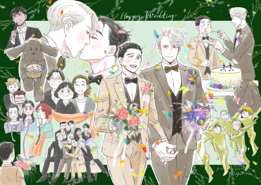 5girls, 6+boys, absurdres, basket, black_hair, blonde_hair, bouquet, bow