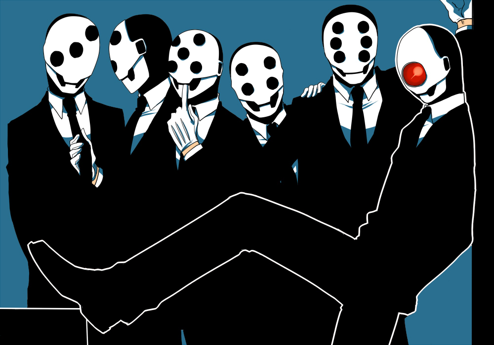 6+boys, against_wall, arm_up, black_footwear, black_jacket, black_necktie, black_pants, blue_background