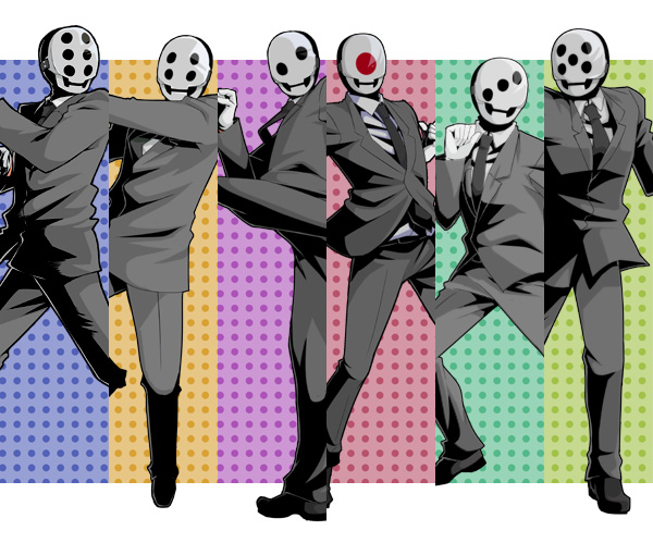 6+boys, arm_up, belt, black_footwear, black_jacket, black_necktie, black_pants, collared_shirt, dharu_riser, dice_(dharu_riser), facing_viewer, formal_clothes, gloves, grey_shirt, hand_up, jacket, kicking, leg_up, legs_apart, letterboxed, long_sleeves, male_focus, mask, multiple_boys, necktie, outside_border, pants, shirt, shoes, standing, standing_on_one_leg, suit, uematsu, white_gloves