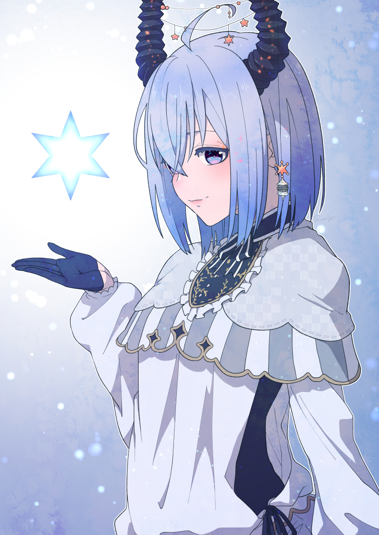 1girl, ahoge, black_gloves, black_horns, blue_eyes, blue_hair, blush, capelet
