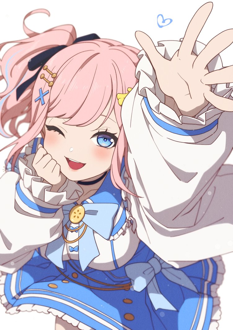 1girl, ;d, banana_hair_ornament, black_ribbon, blue_bow, blue_eyes, blue_skirt, blush