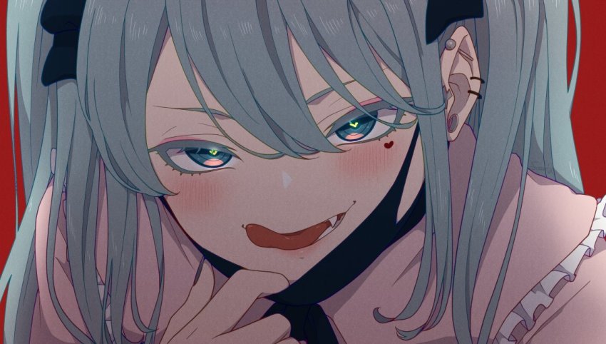1girl, barbell_piercing, black_mask, blue_eyes, blue_hair, ear_piercing, earrings, fangs, frills, fumita_bntr, hatsune_miku, heart_on_cheek, industrial_piercing, jewelry, long_hair, mask, mask_pull, mouth_mask, piercing, portrait, red_background, tongue, vampire, vampire_(vocaloid), vocaloid
