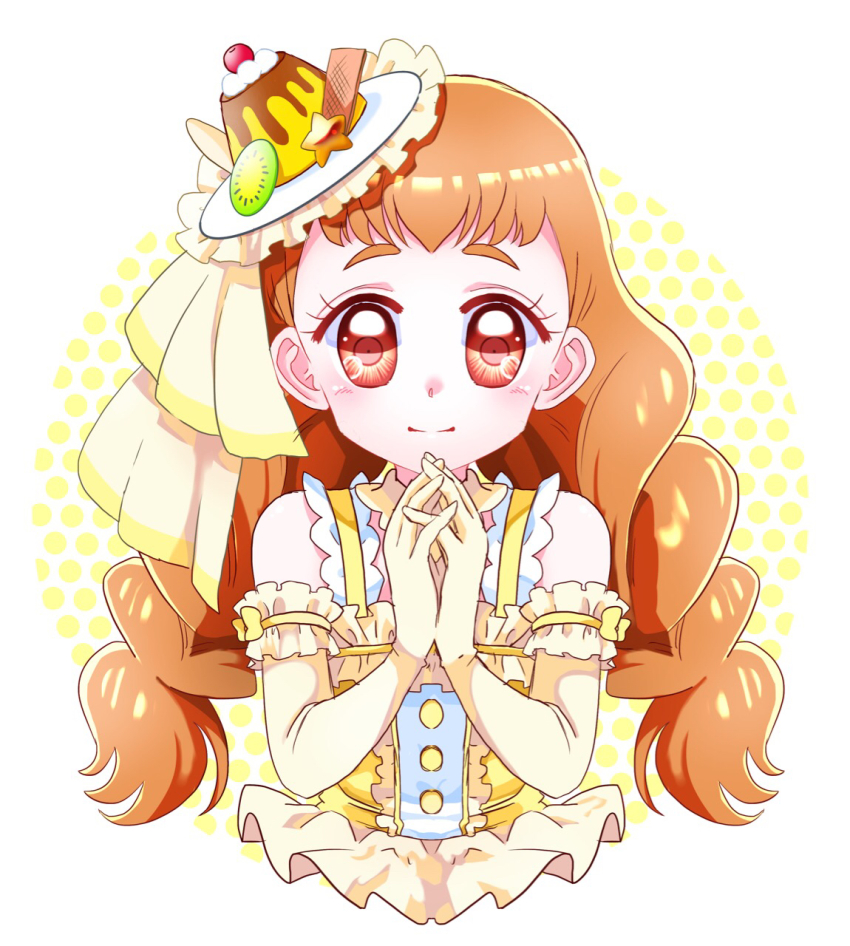 alternate_costume, arisugawa_himari, brown_eyes, brown_hair, dress, elbow_gloves, food, food-themed_hair_ornament