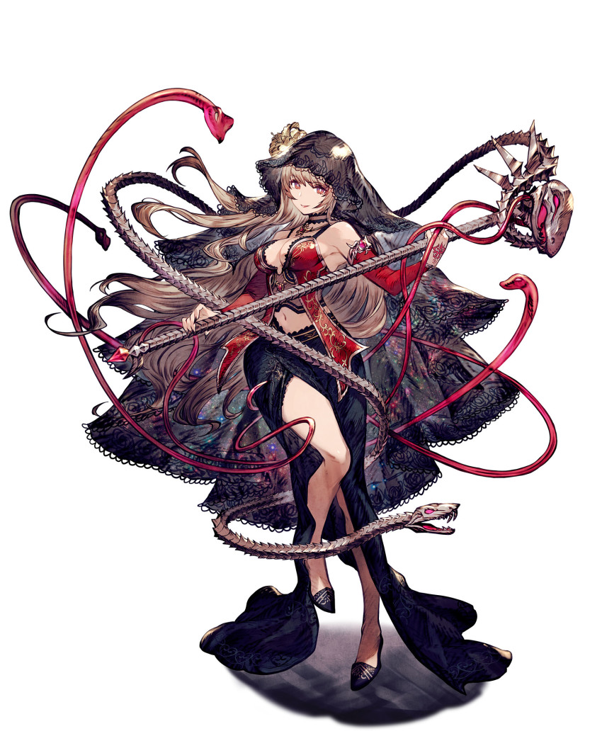 1girl, armpits, bare_shoulders, black_nails, black_veil, blonde_hair, breasts, choker, crop_top, detached_sleeves, fina_(ffbe), final_fantasy, final_fantasy_brave_exvius, flower, hair_flower, hair_ornament, hand_tattoo, high_heels, highres, holding, holding_staff, large_breasts, long_hair, looking_at_viewer, majin_fina, midriff, nail_polish, navel, official_art, side_slit, snake, staff, tattoo, veil, war_of_the_visions:_final_fantasy_brave_exvius