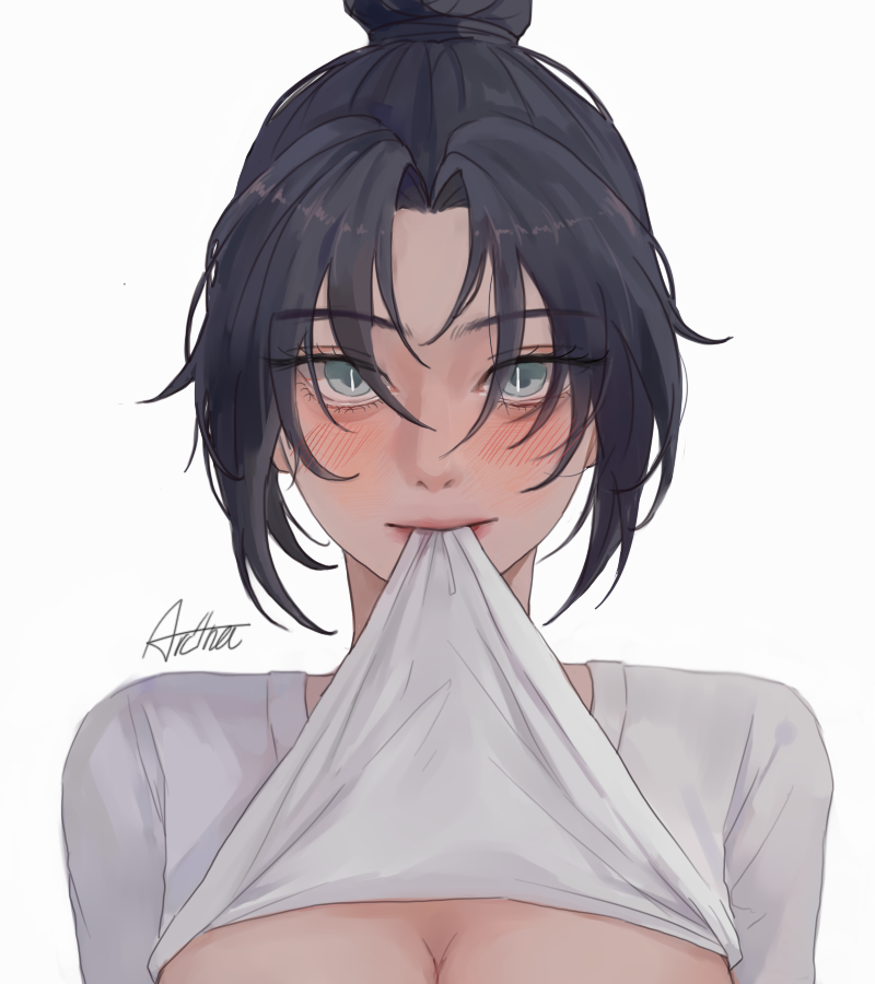 1girl, animification, apex_legends, arc4na, artist_name, black_hair, blue_eyes, blush, breasts, cleavage, clothes_in_mouth, clothes_lift, hair_bun, medium_breasts, mouth_hold, parted_bangs, shirt, shirt_in_mouth, shirt_lift, signature, single_hair_bun, smile, solo, white_background, white_shirt, wraith_(apex_legends)
