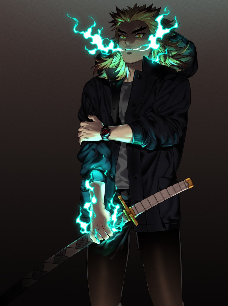 1boy, black_jacket, black_pants, blonde_hair, blue_fire, breath_weapon, breathing_fire, casual
