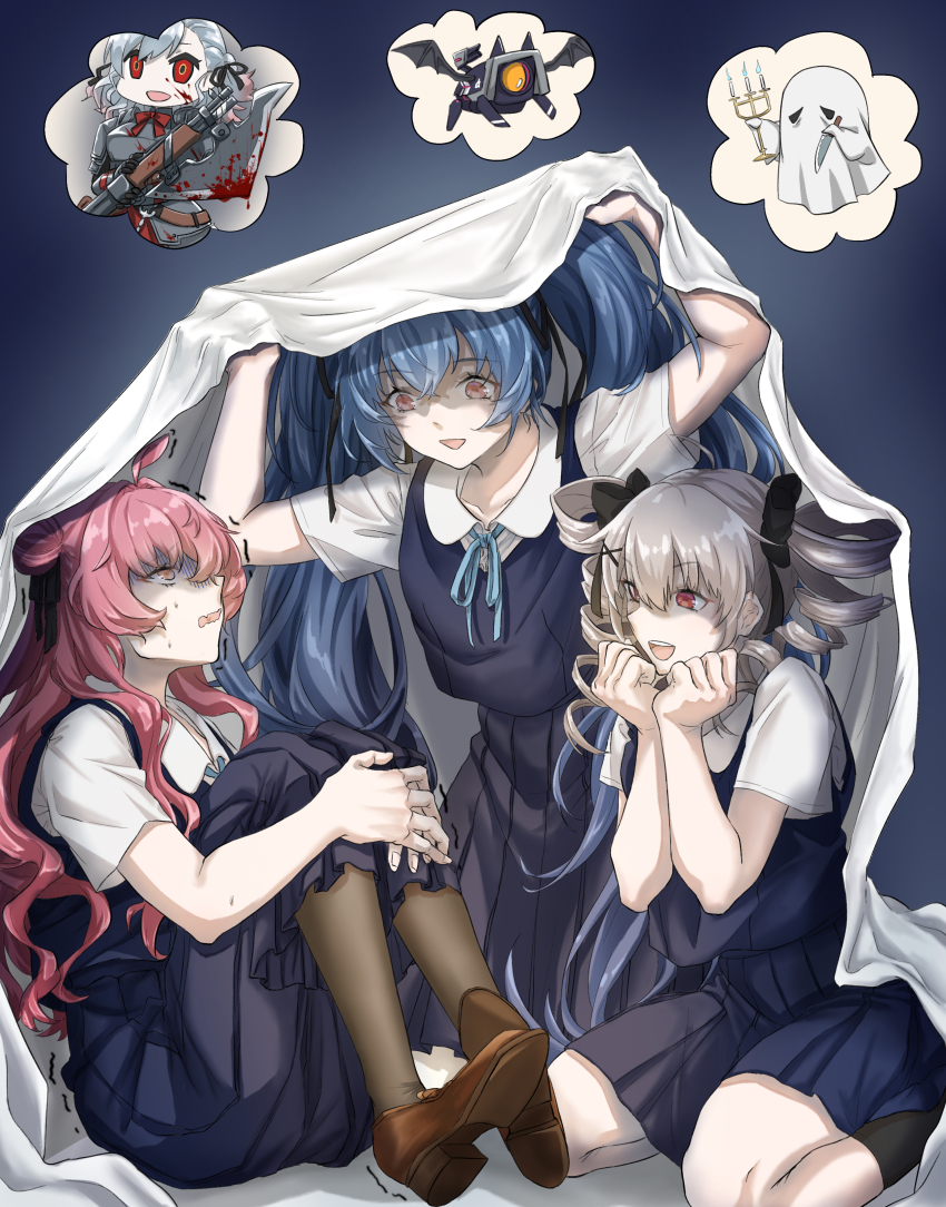 3girls, absurdres, black_legwear, blue_hair, brown_footwear, combat_shotgun, commentary, dinergate_(girls'_frontline)