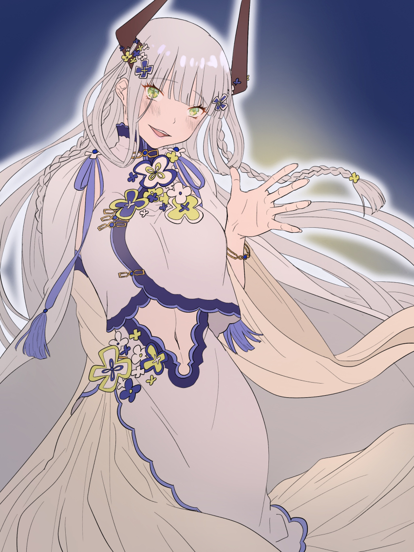 1girl, absurdres, alternate_costume, arm_behind_back, arm_up, blush, braid, breasts