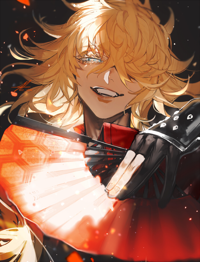 1boy, au_(d_elete), black_background, black_gloves, blonde_hair, blue_eyes, collared_shirt, colored_eyelashes