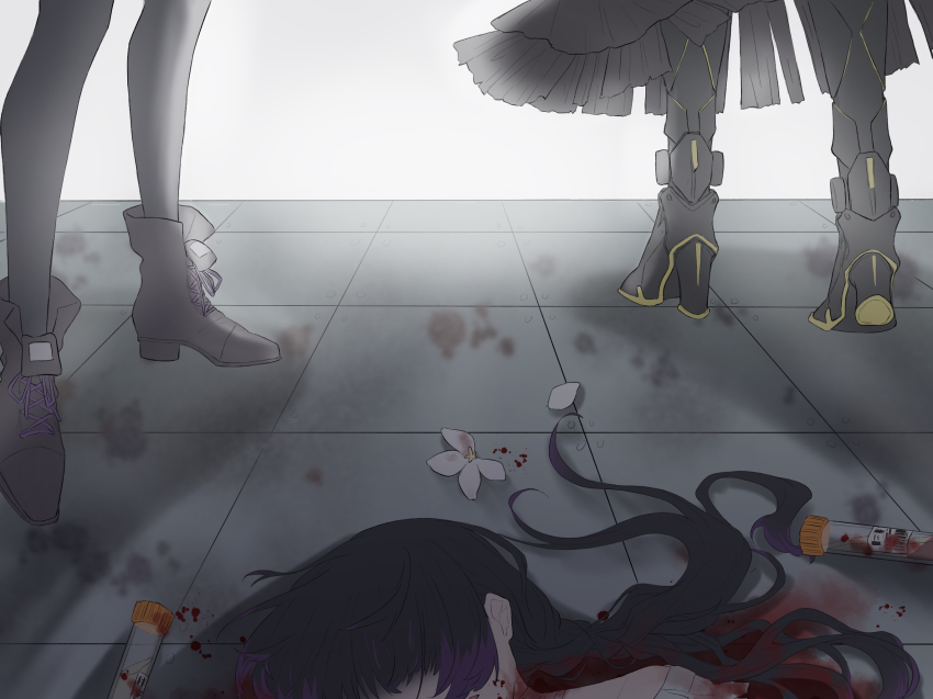 3girls, bandaged_neck, bandages, black_dress, black_footwear, black_hair, black_legwear, blood