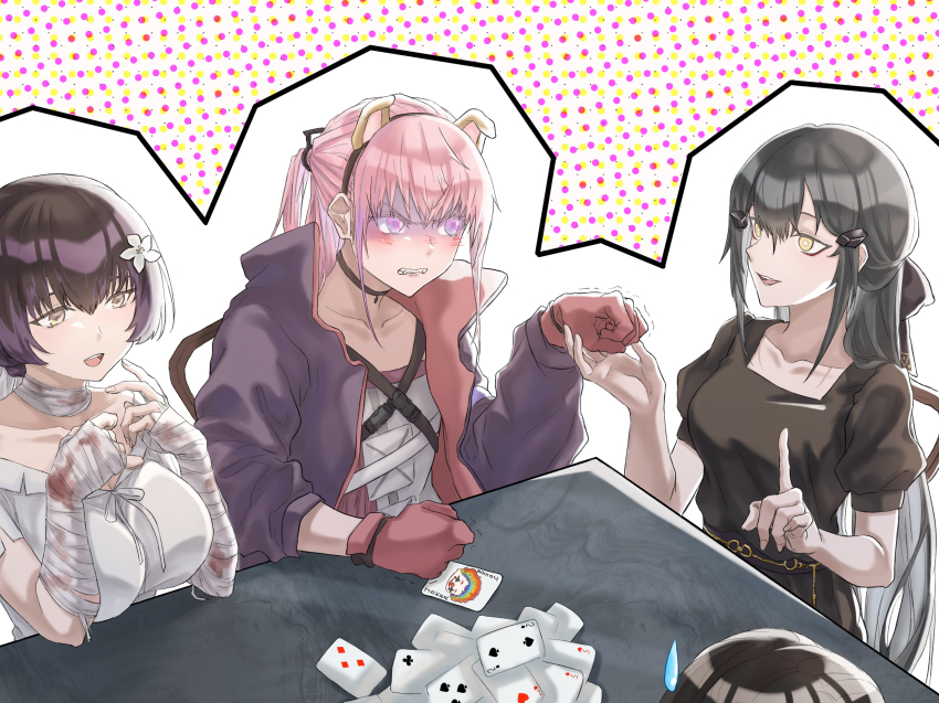 4girls, april_fools, bandaged_arm, bandaged_neck, bandages, black_dress, black_hair, blood, blood_on_arm, blush, breasts, card, chair, chinese_commentary, collarbone, dandelion_(girls'_frontline), dress, finellen, flower, girls'_frontline, gloves, hair_flower, hair_ornament, hairclip, highres, index_finger_raised, jacket, joker_(playing_card), large_breasts, long_hair, looking_at_another, looking_away, machlian_(girls'_frontline), medium_breasts, multiple_girls, multiple_views, open_clothes, open_jacket, open_mouth, paradeus, pink_hair, playing_card, playing_card_game, playing_games, ponytail, purple_eyes, purple_jacket, red_gloves, shirt, short_hair, simple_background, sitting, st_ar-15_(girls'_frontline), st_ar-15_(mod3)_(girls'_frontline), table, teeth, upper_body, upper_teeth_only, white_dress, white_shirt, yellow_eyes