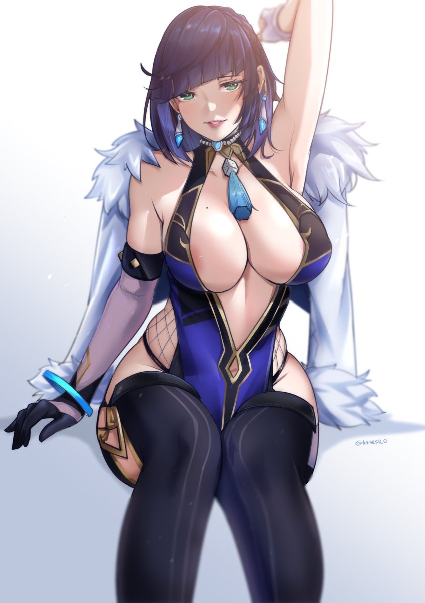 1girl, areola_slip, armpits, asymmetrical_gloves, bare_shoulders, blunt_bangs, bob_cut, breasts